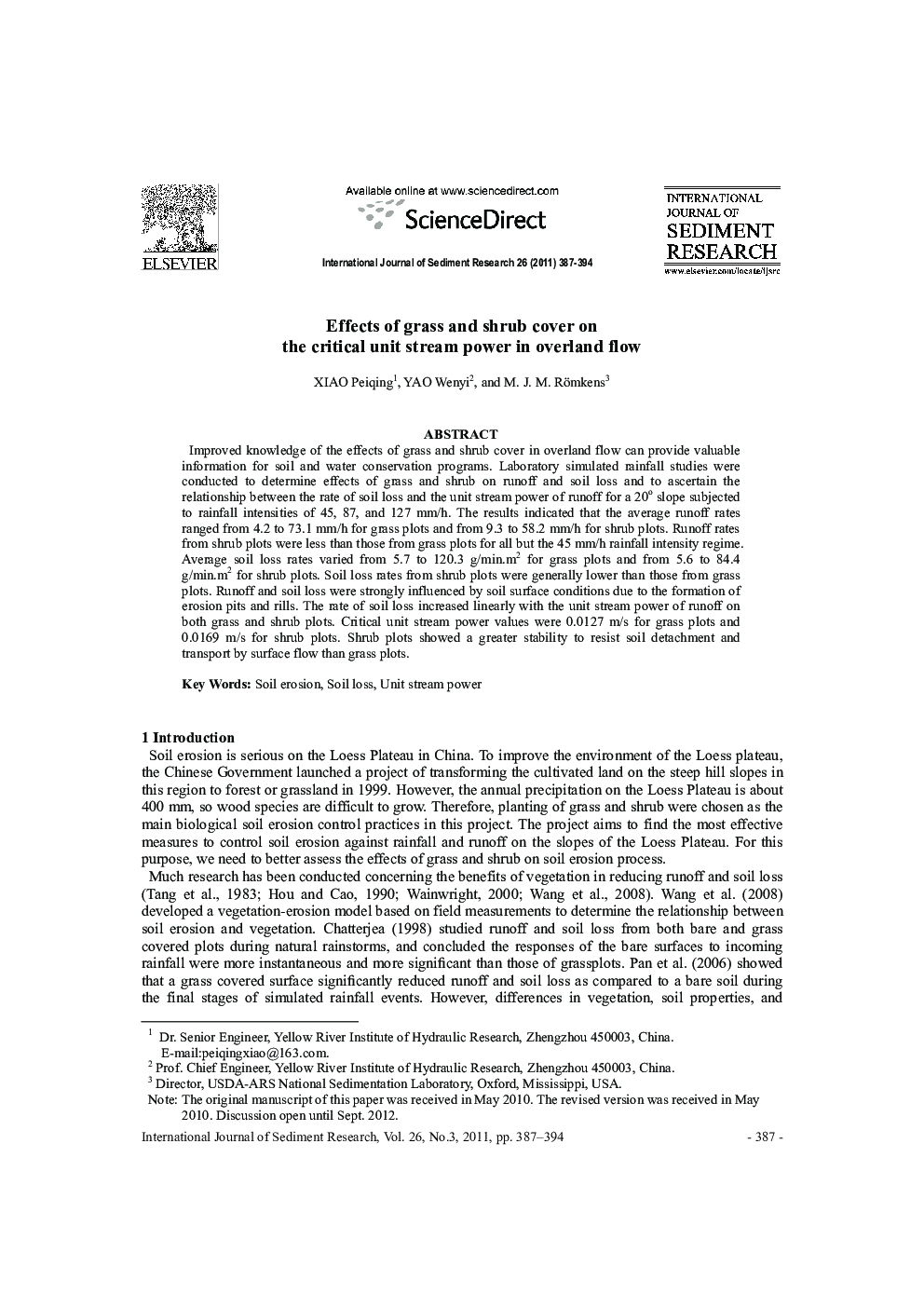 Effects of grass and shrub cover on the critical unit stream power in overland flow 
