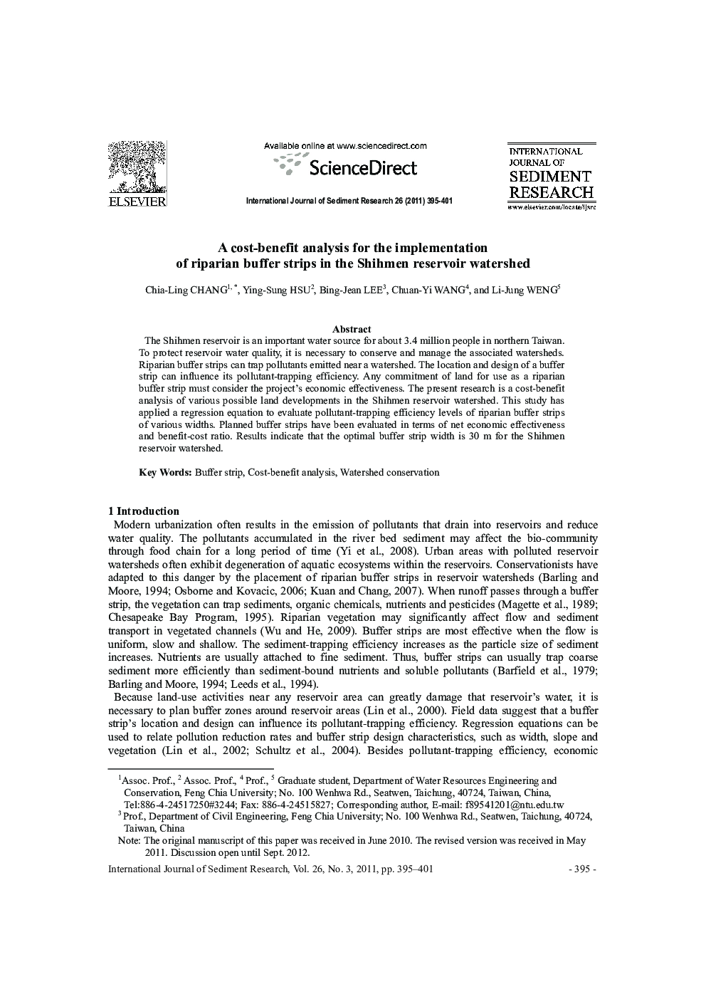 A cost-benefit analysis for the implementation of riparian buffer strips in the Shihmen reservoir watershed 