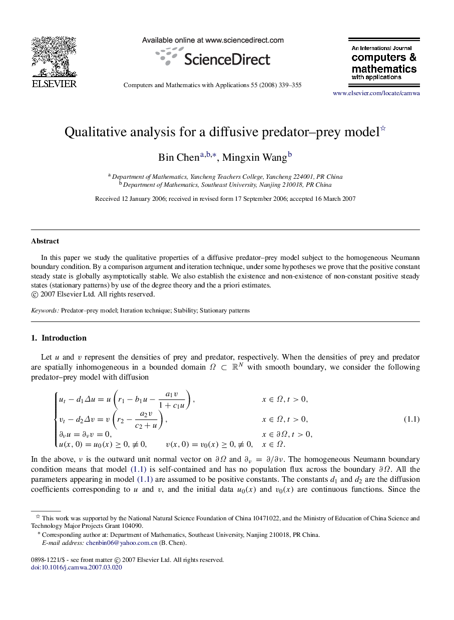 Qualitative analysis for a diffusive predator–prey model 