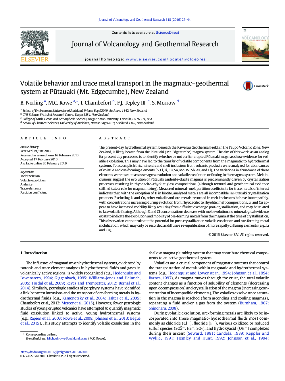 Volatile behavior and trace metal transport in the magmatic–geothermal system at Pūtauaki (Mt. Edgecumbe), New Zealand