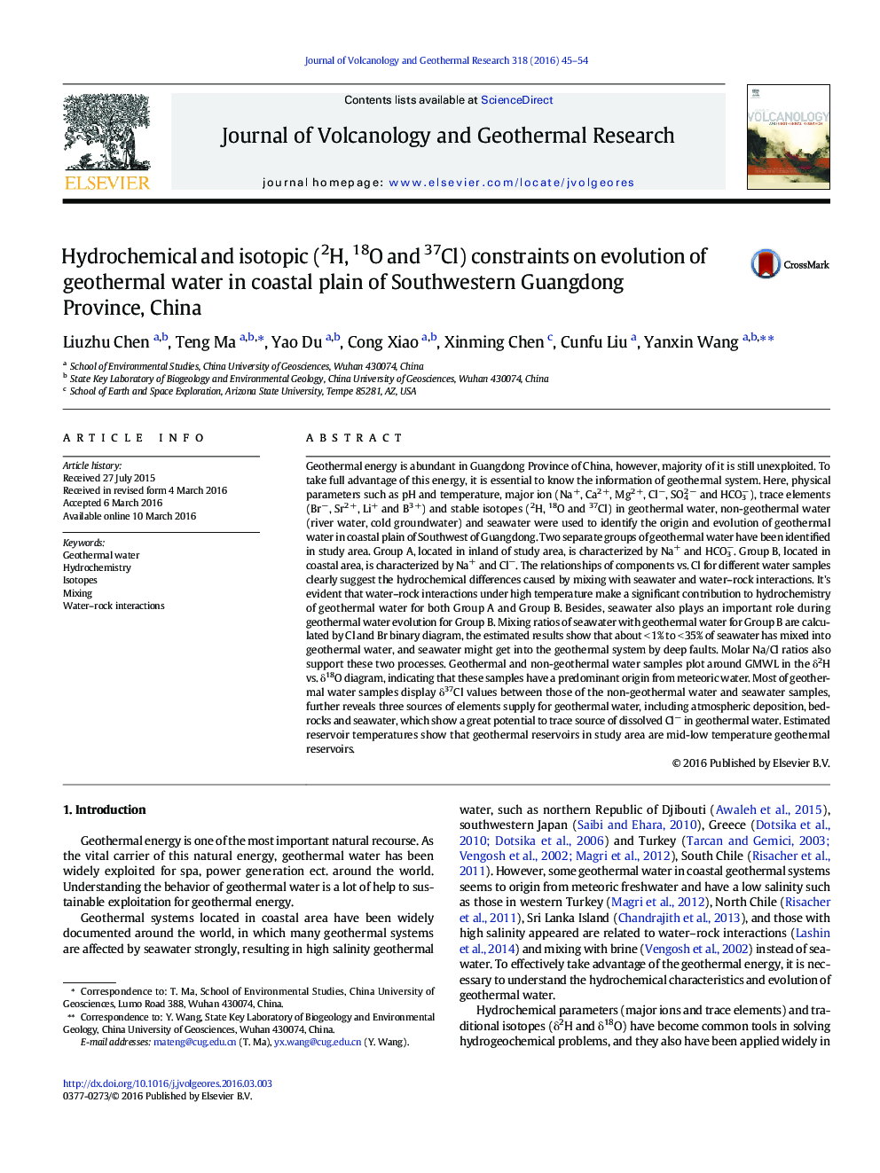 Hydrochemical and isotopic (2H, 18O and 37Cl) constraints on evolution of geothermal water in coastal plain of Southwestern Guangdong Province, China