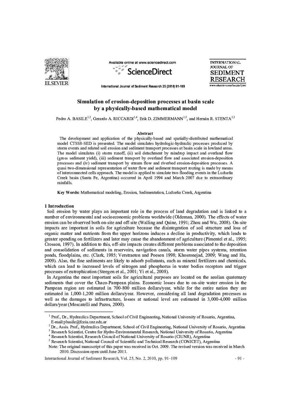 Simulation of erosion-deposition processes at basin scale by a physically-based mathematical model 