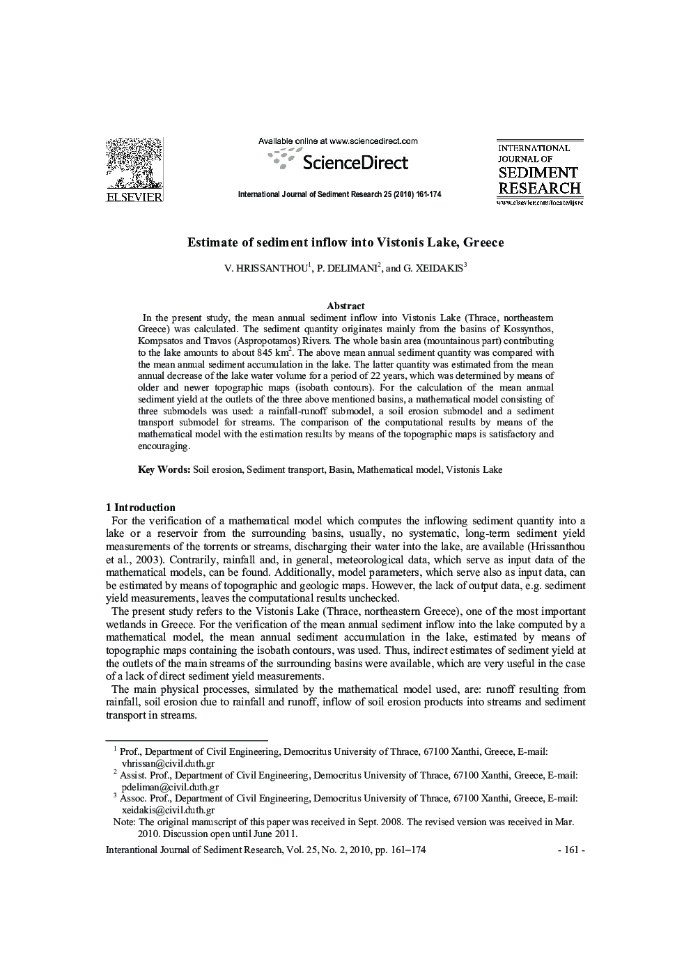 Estimate of sediment inflow into Vistonis Lake, Greece 