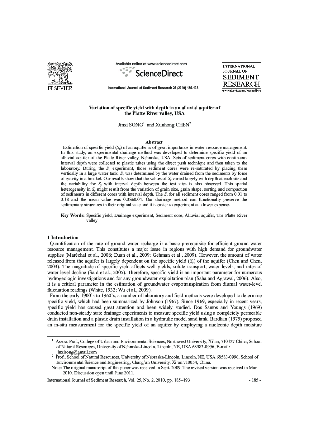 Variation of specific yield with depth in an alluvial aquifer of the Platte River valley, USA 