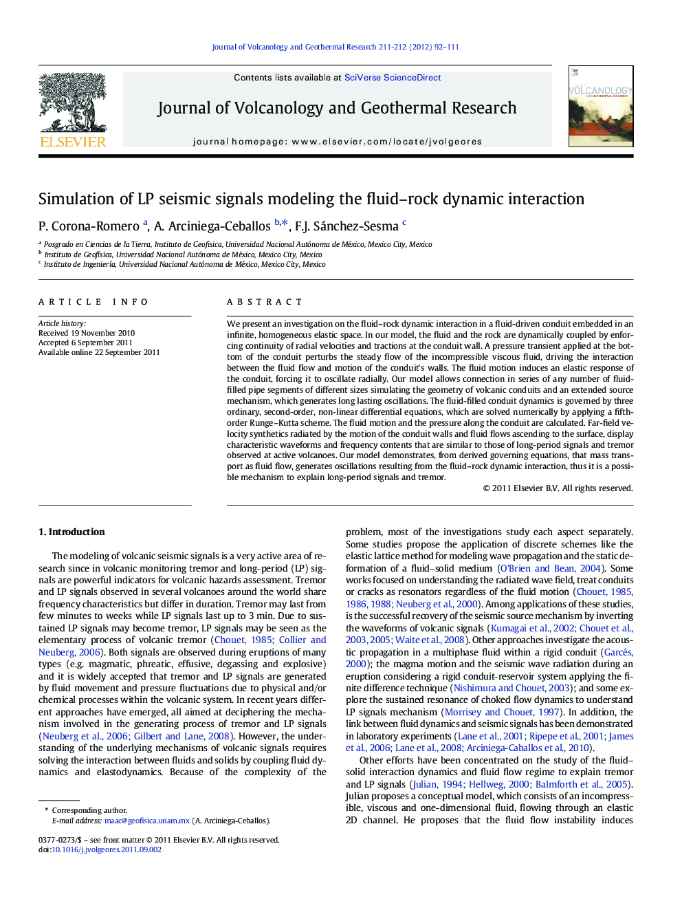 Simulation of LP seismic signals modeling the fluid–rock dynamic interaction