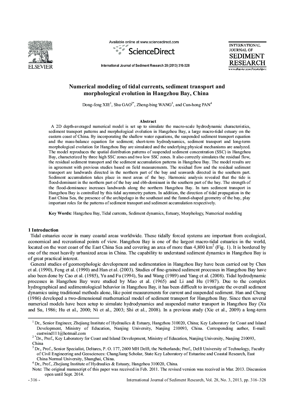 Numerical modeling of tidal currents, sediment transport and morphological evolution in Hangzhou Bay, China 