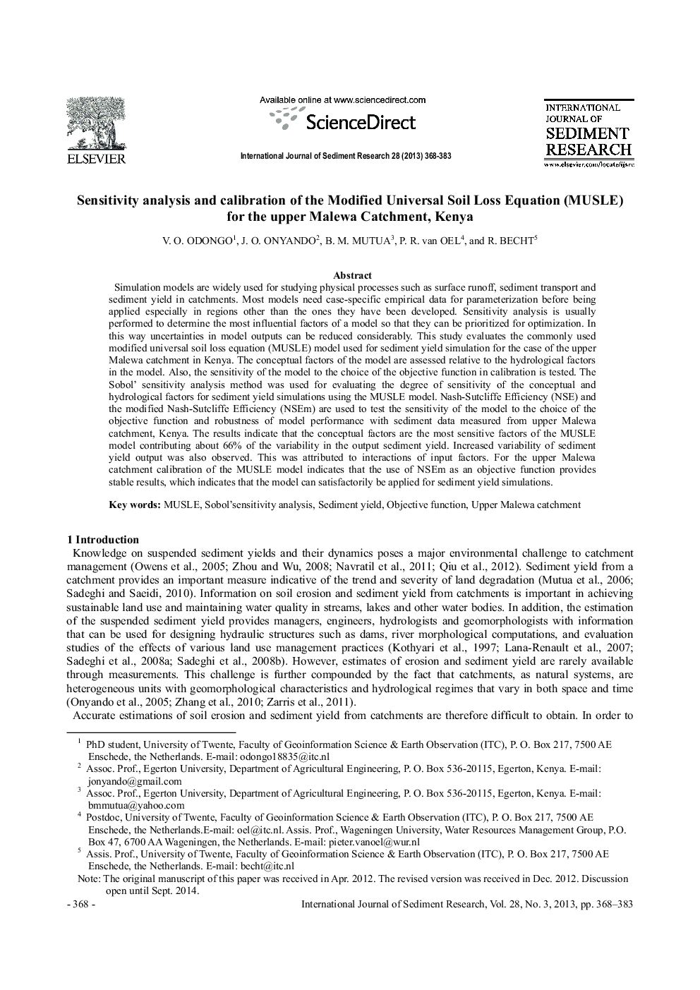 Sensitivity analysis and calibration of the Modified Universal Soil Loss Equation (MUSLE) for the upper Malewa Catchment, Kenya 