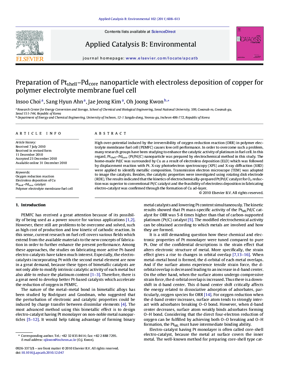 Preparation of Ptshell–Pdcore nanoparticle with electroless deposition of copper for polymer electrolyte membrane fuel cell