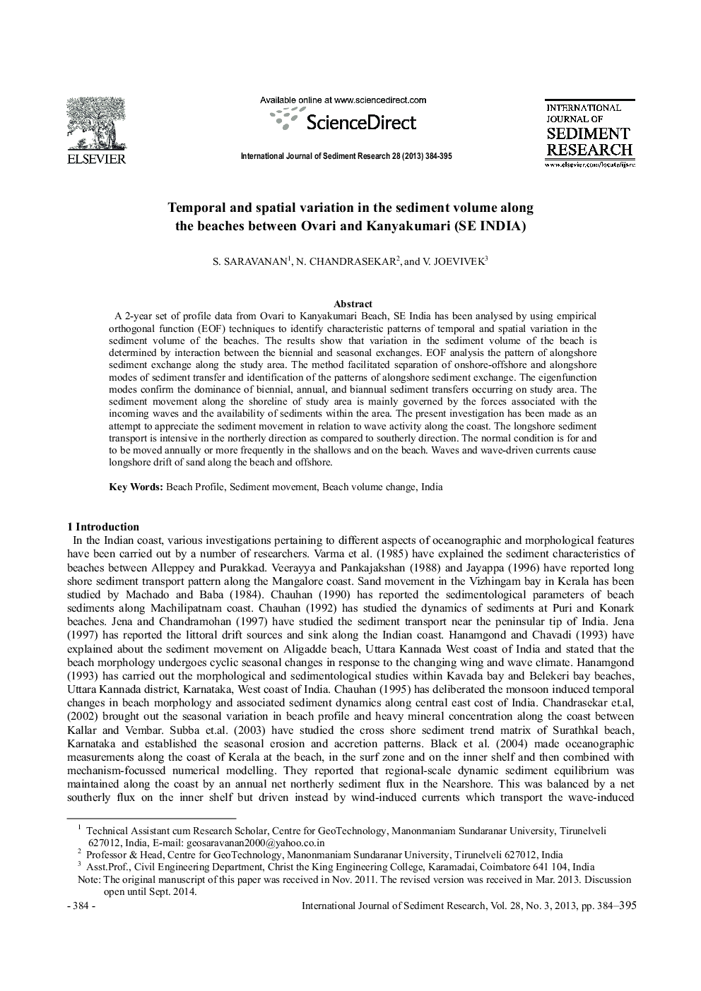 Temporal and spatial variation in the sediment volume along the beaches between Ovari and Kanyakumari (SE INDIA) 