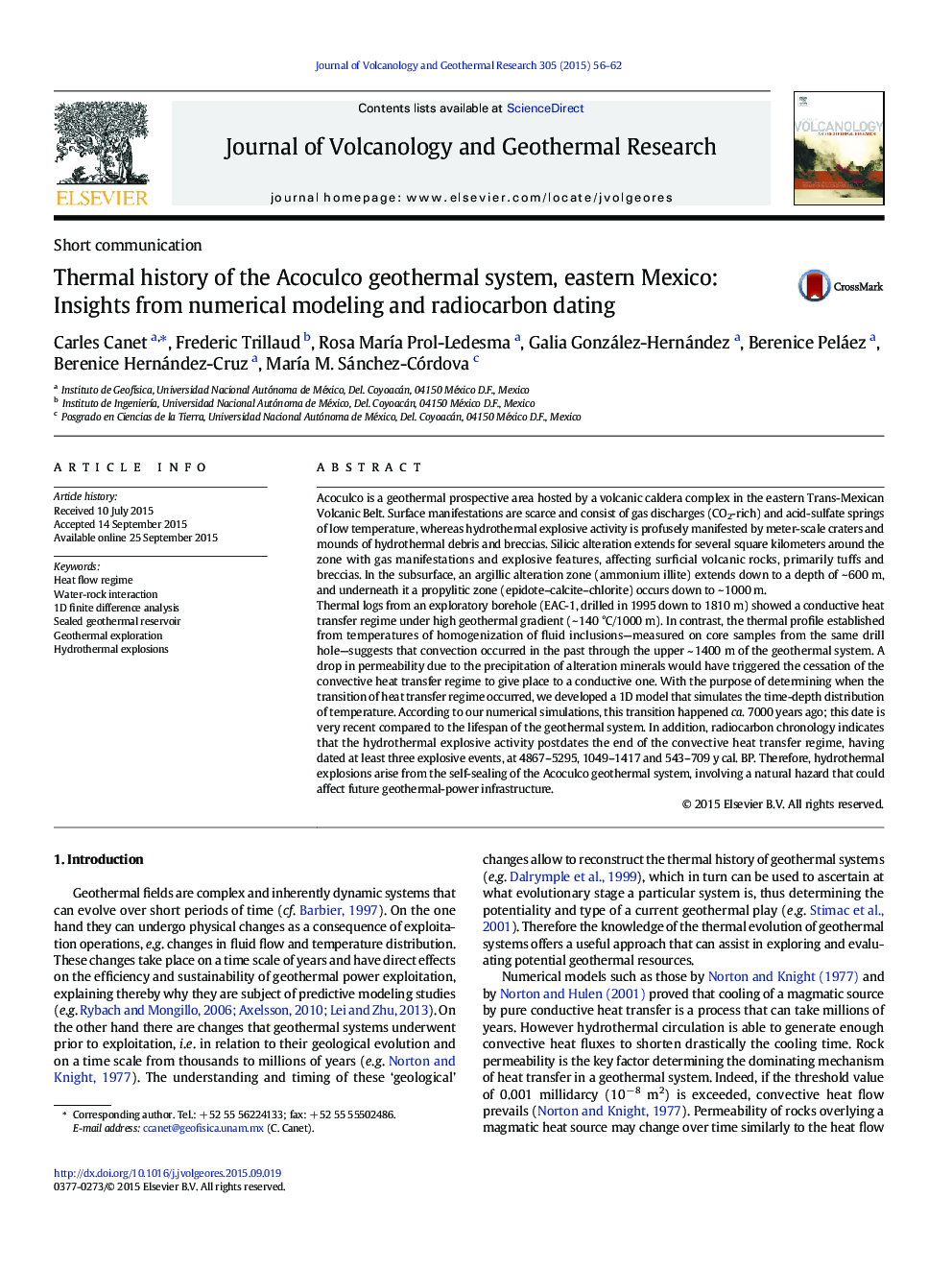 Thermal history of the Acoculco geothermal system, eastern Mexico: Insights from numerical modeling and radiocarbon dating