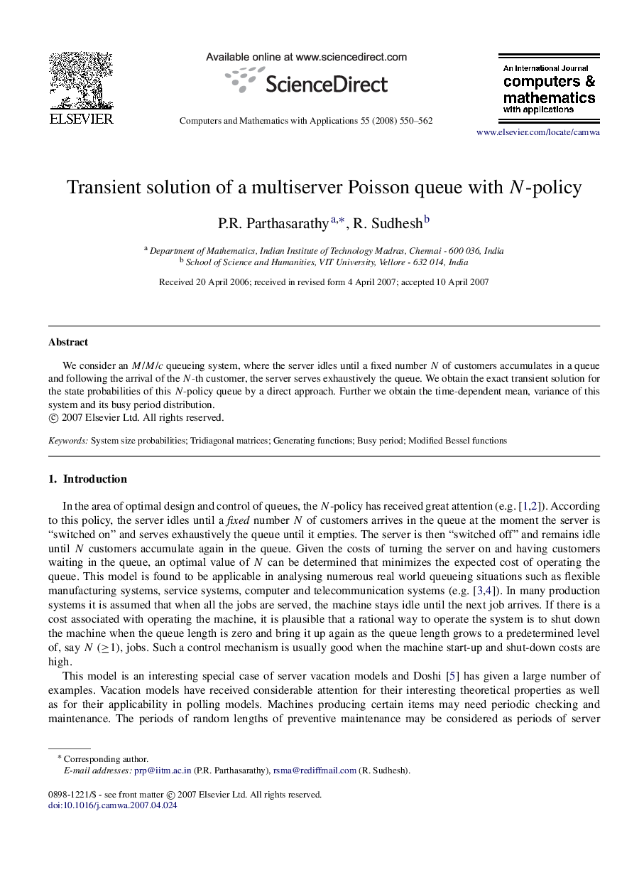 Transient solution of a multiserver Poisson queue with NN-policy