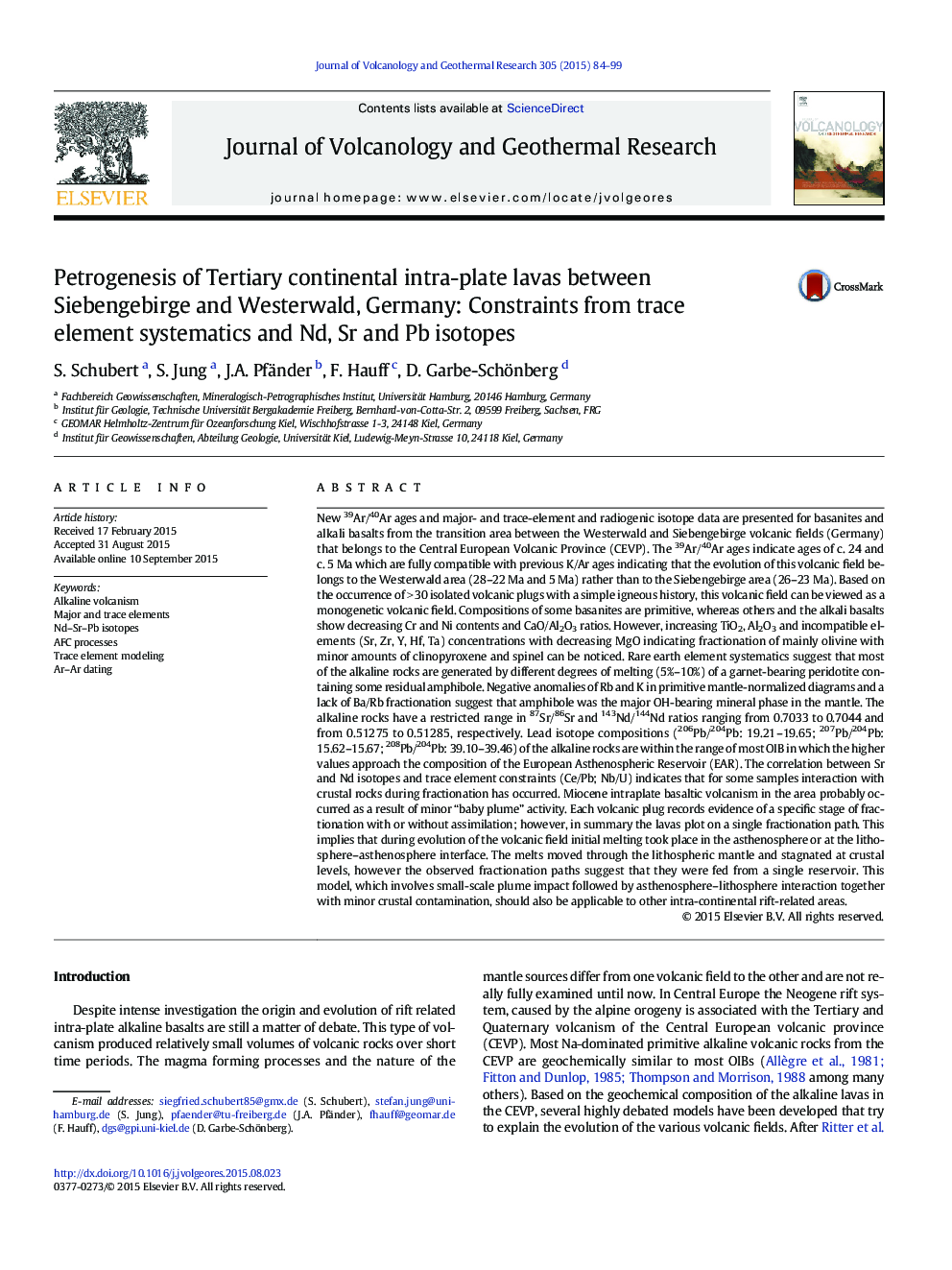 عکس صفحه اول مقاله: Petrogenesis of Tertiary continental intra-plate lavas between Siebengebirge and Westerwald, Germany: Constraints from trace element systematics and Nd, Sr and Pb isotopes Petrogenesis of Tertiary continental intra-plate lavas between Siebengebirge and Westerwald, Germany: Constraints from trace element systematics and Nd, Sr and Pb isotopes