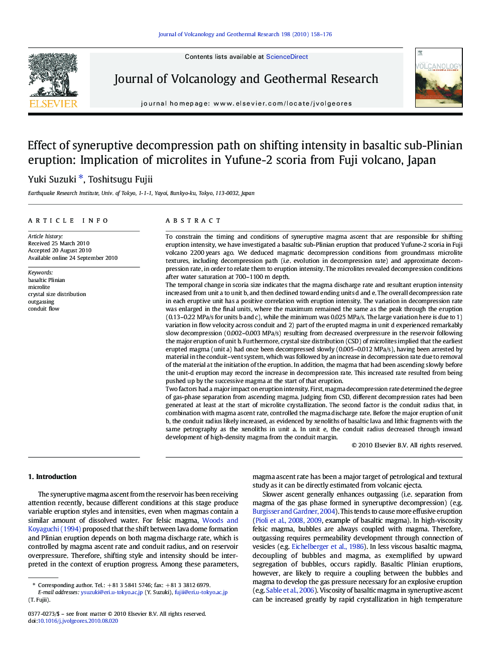 Effect of syneruptive decompression path on shifting intensity in basaltic sub-Plinian eruption: Implication of microlites in Yufune-2 scoria from Fuji volcano, Japan