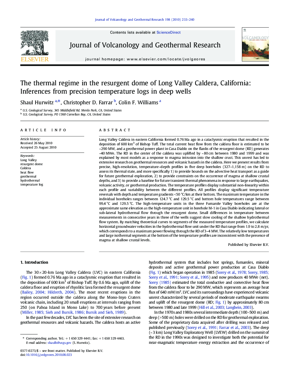 The thermal regime in the resurgent dome of Long Valley Caldera, California: Inferences from precision temperature logs in deep wells