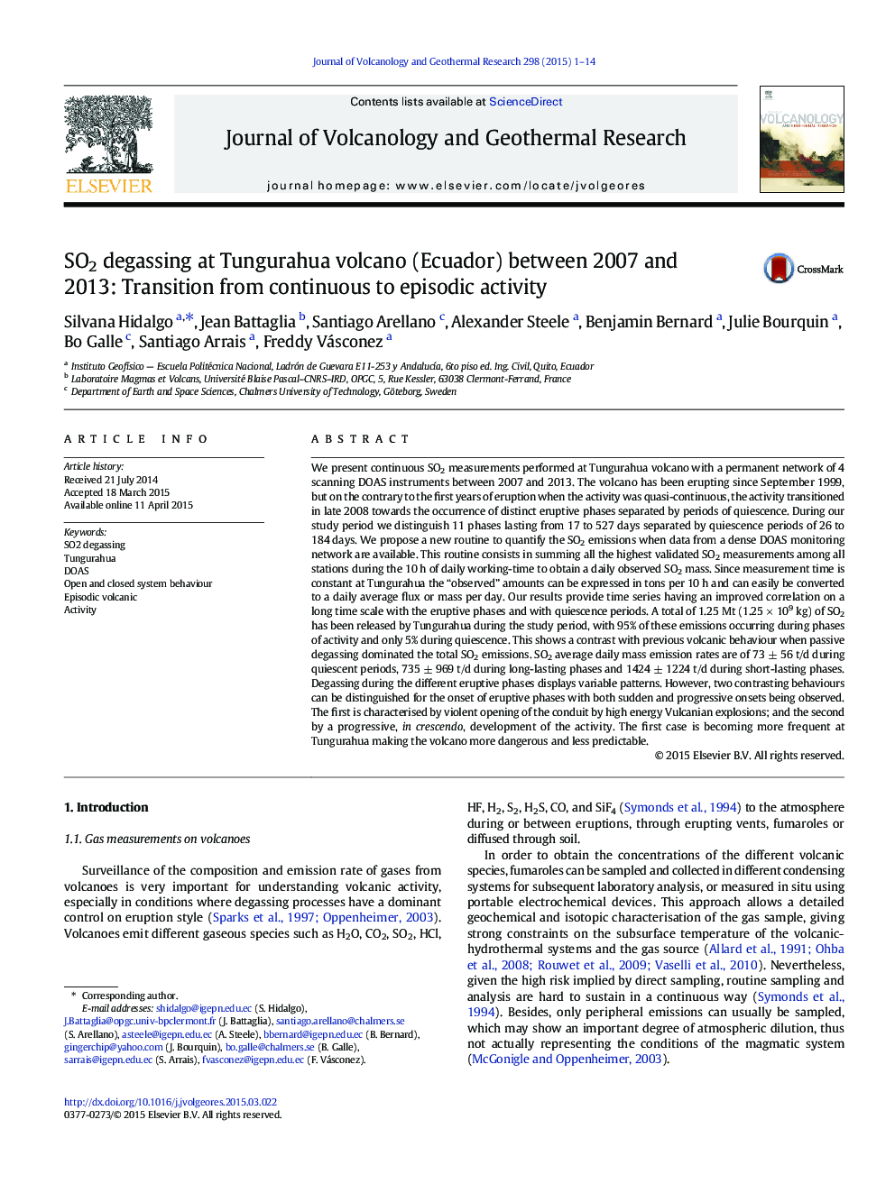 SO2 degassing at Tungurahua volcano (Ecuador) between 2007 and 2013: Transition from continuous to episodic activity