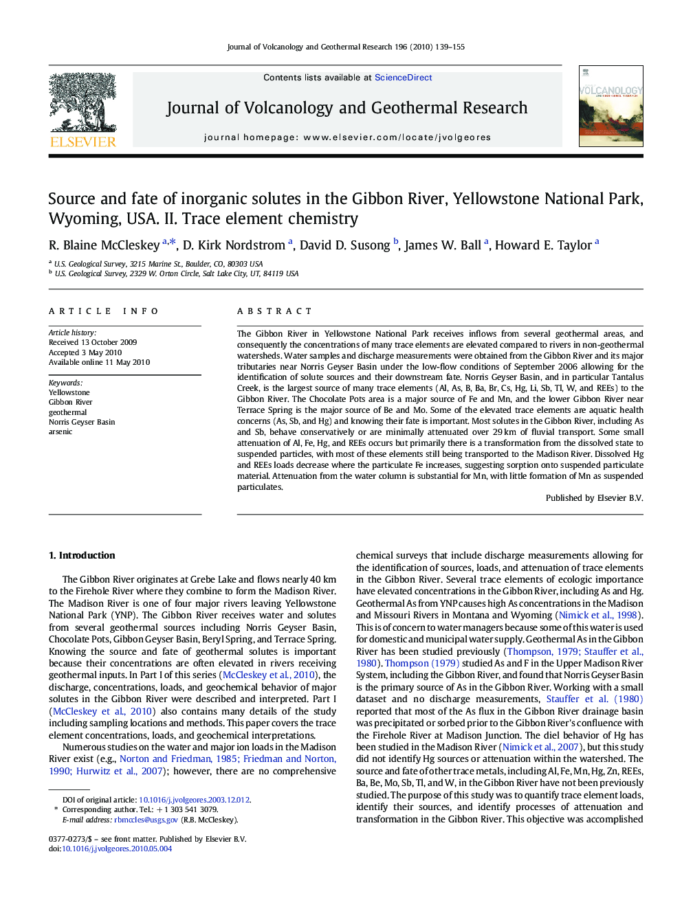 Source and fate of inorganic solutes in the Gibbon River, Yellowstone National Park, Wyoming, USA. II. Trace element chemistry