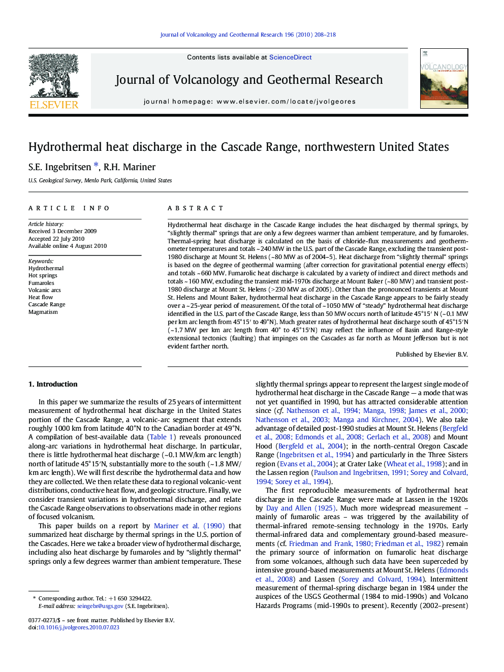 Hydrothermal heat discharge in the Cascade Range, northwestern United States