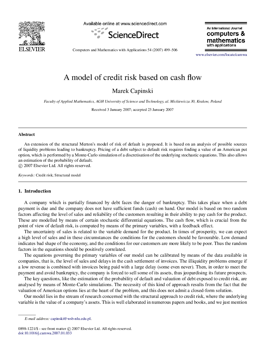 A model of credit risk based on cash flow