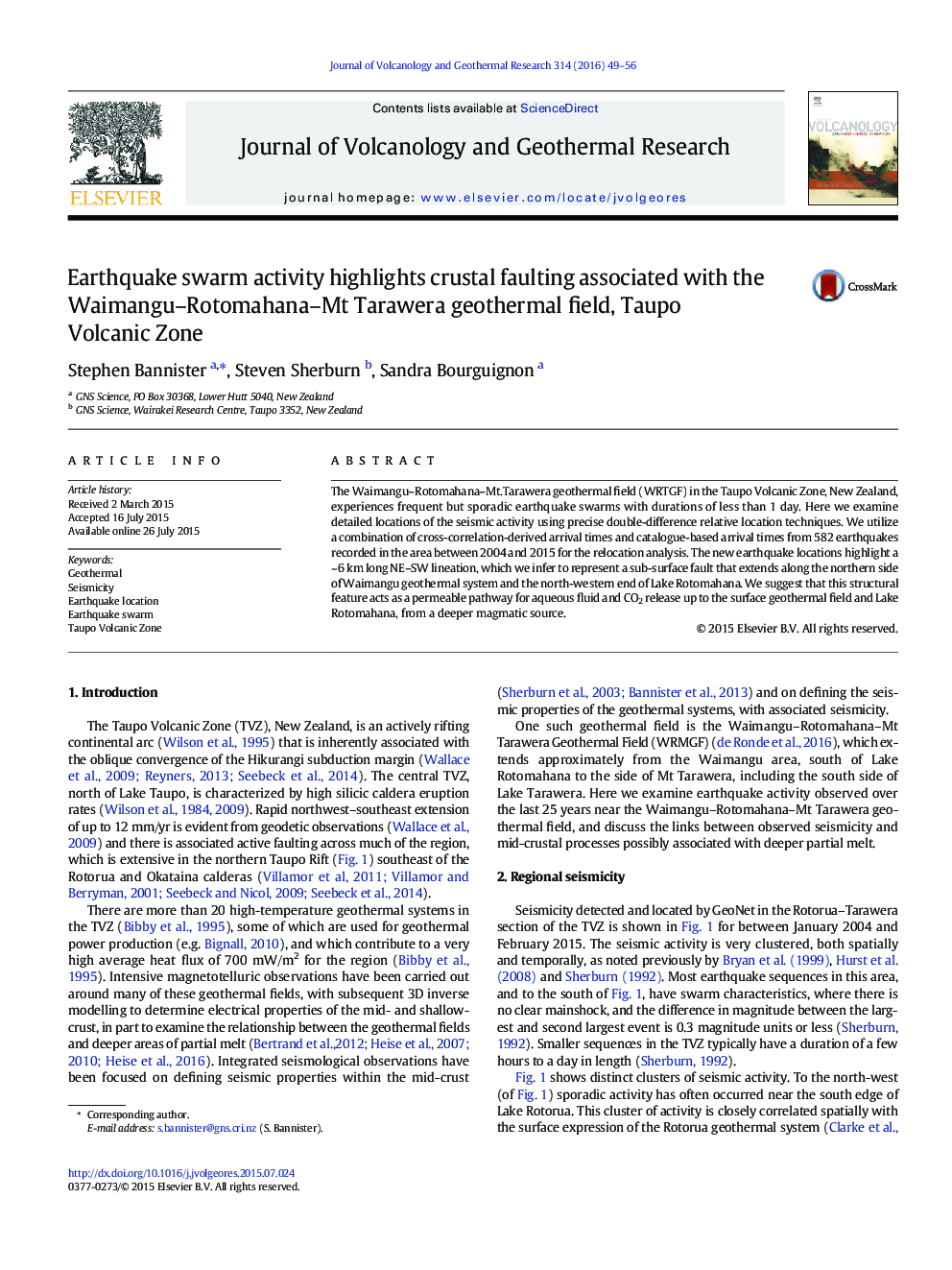 Earthquake swarm activity highlights crustal faulting associated with the Waimangu–Rotomahana–Mt Tarawera geothermal field, Taupo Volcanic Zone