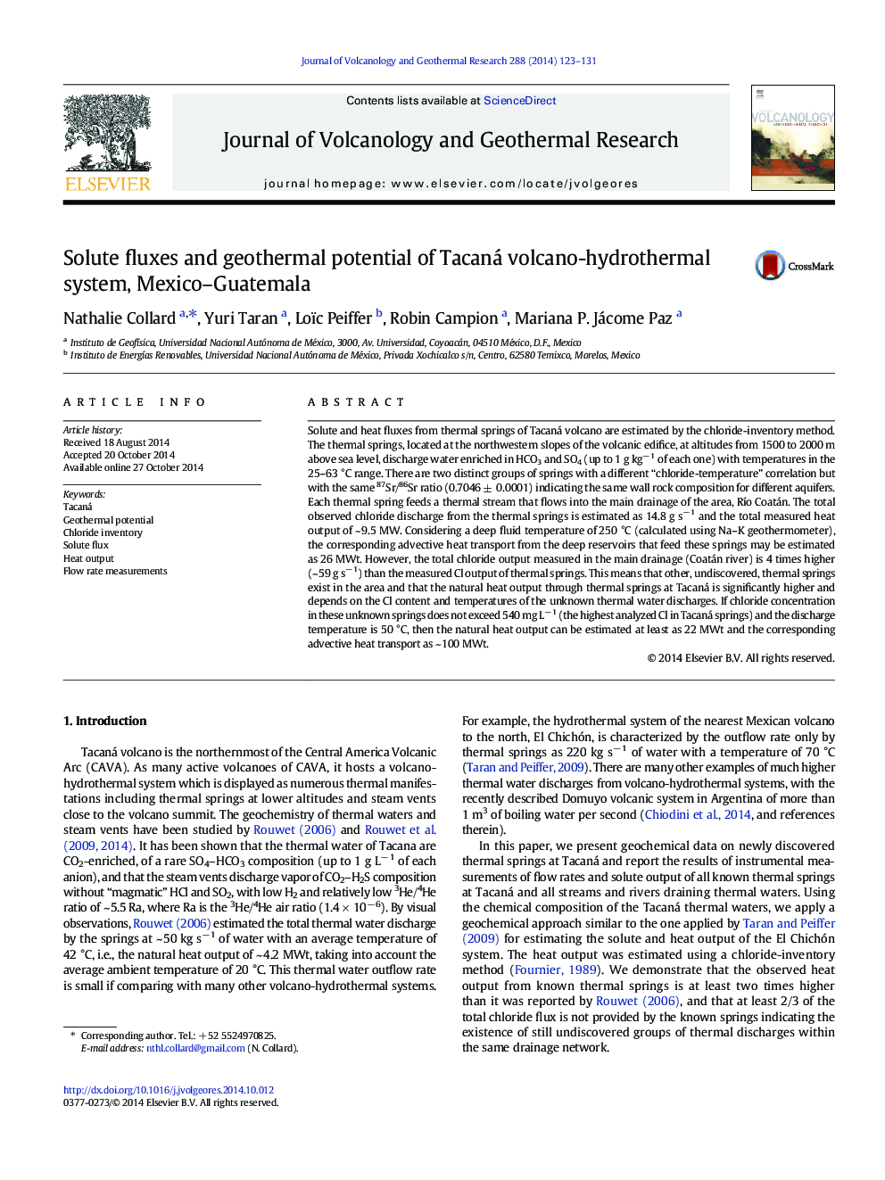 Solute fluxes and geothermal potential of Tacaná volcano-hydrothermal system, Mexico-Guatemala