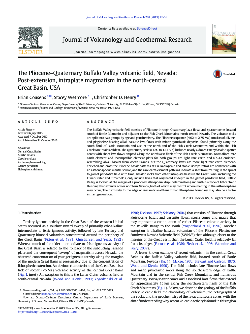 عکس صفحه اول مقاله: The Pliocene–Quaternary Buffalo Valley volcanic field, Nevada: Post-extension, intraplate magmatism in the north-central Great Basin, USA The Pliocene–Quaternary Buffalo Valley volcanic field, Nevada: Post-extension, intraplate magmatism in the north-central Great Basin, USA