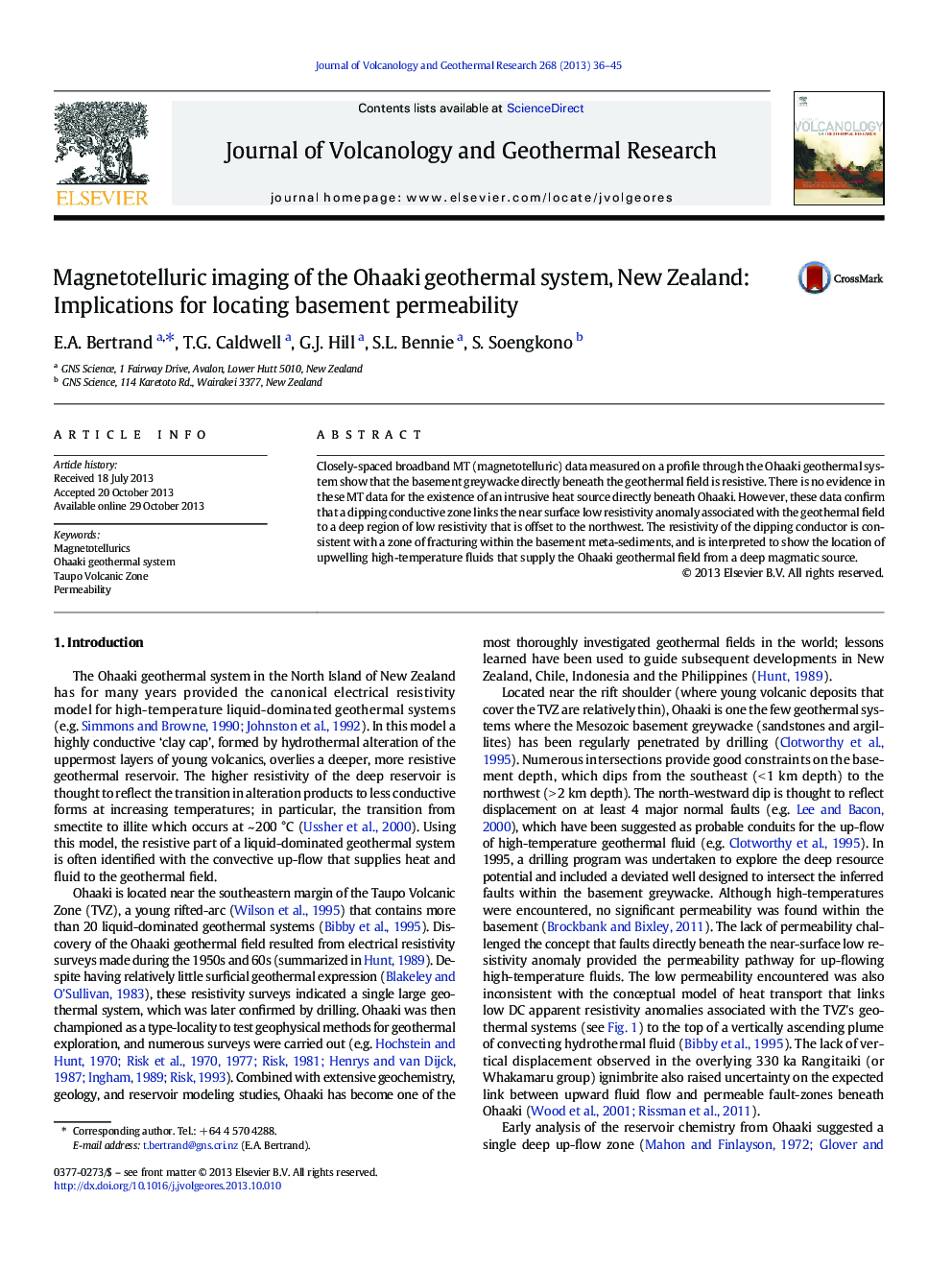 عکس صفحه اول مقاله: Magnetotelluric imaging of the Ohaaki geothermal system, New Zealand: Implications for locating basement permeability Magnetotelluric imaging of the Ohaaki geothermal system, New Zealand: Implications for locating basement permeability