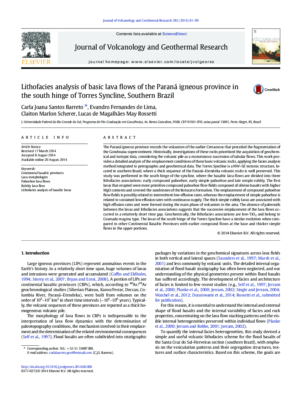 Lithofacies analysis of basic lava flows of the Paraná igneous province in the south hinge of Torres Syncline, Southern Brazil