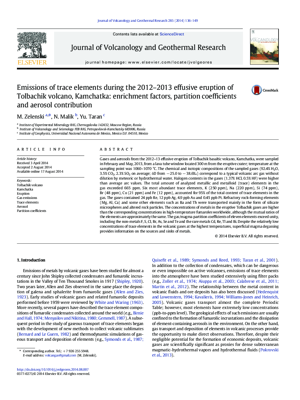 Emissions of trace elements during the 2012–2013 effusive eruption of Tolbachik volcano, Kamchatka: enrichment factors, partition coefficients and aerosol contribution