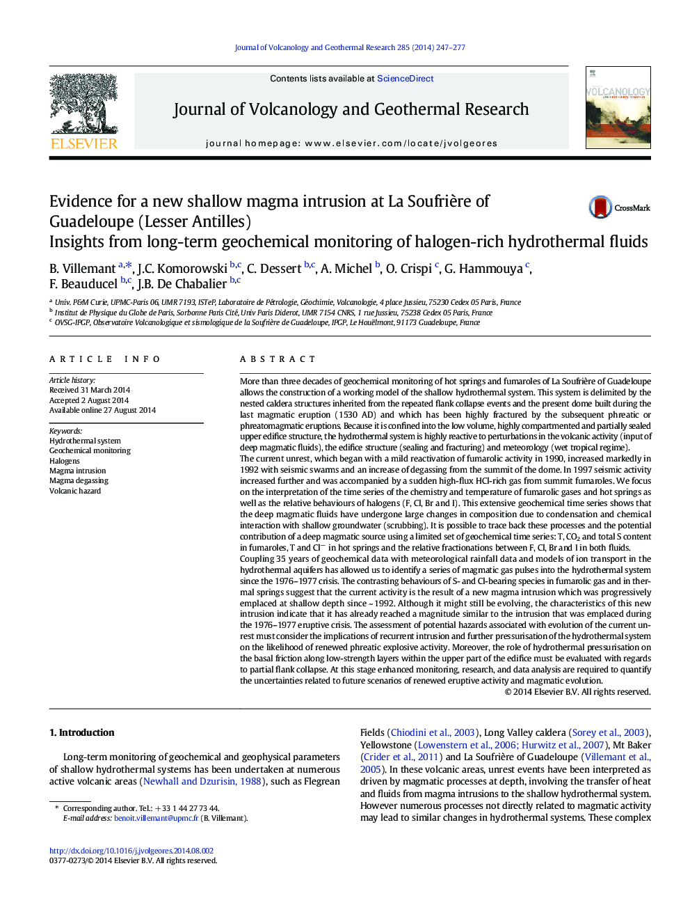 Evidence for a new shallow magma intrusion at La Soufrière of Guadeloupe (Lesser Antilles): Insights from long-term geochemical monitoring of halogen-rich hydrothermal fluids