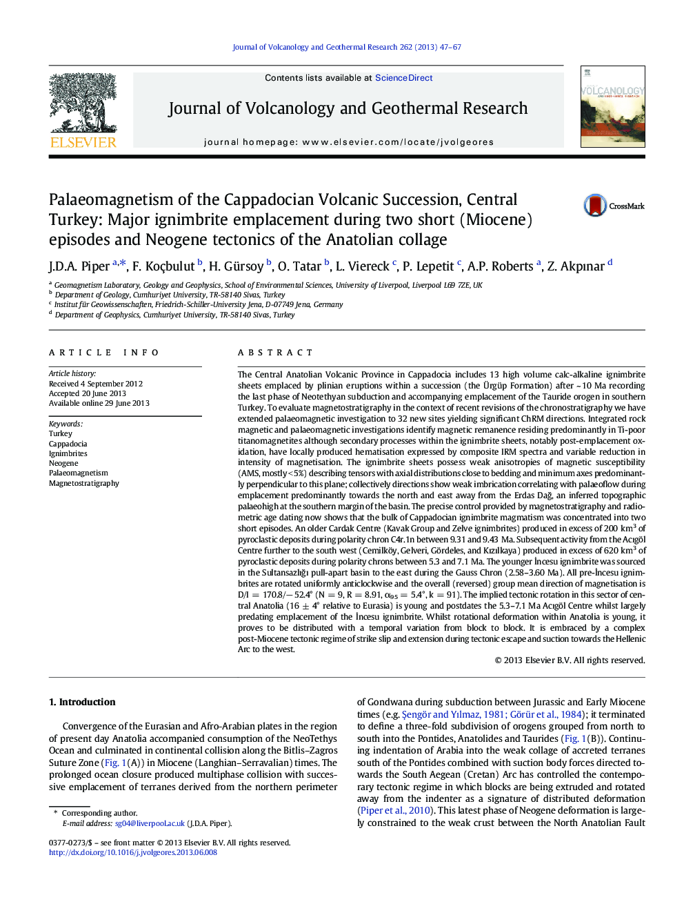 Palaeomagnetism of the Cappadocian Volcanic Succession, Central Turkey: Major ignimbrite emplacement during two short (Miocene) episodes and Neogene tectonics of the Anatolian collage