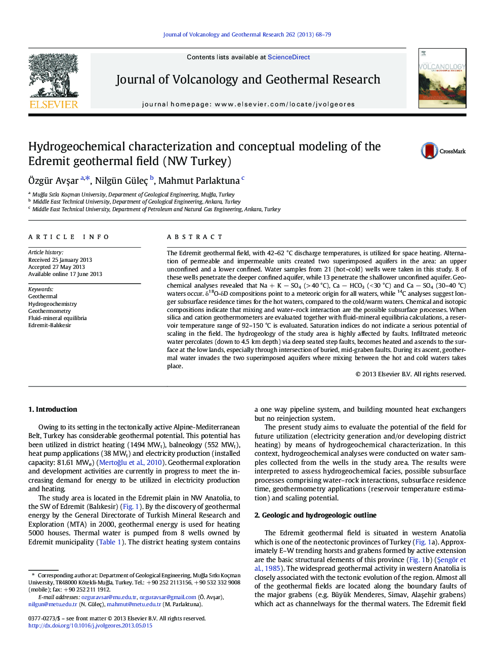 Hydrogeochemical characterization and conceptual modeling of the Edremit geothermal field (NW Turkey)