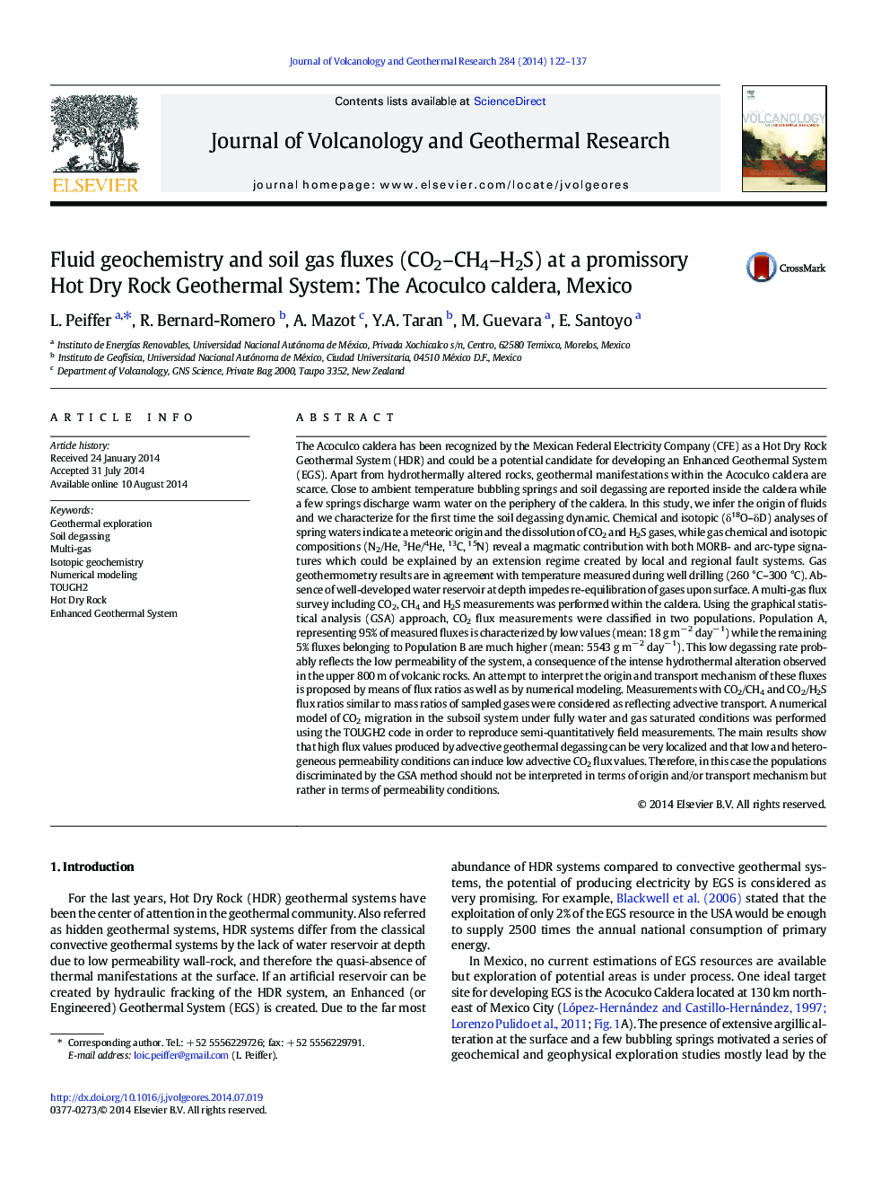 Fluid geochemistry and soil gas fluxes (CO2–CH4–H2S) at a promissory Hot Dry Rock Geothermal System: The Acoculco caldera, Mexico