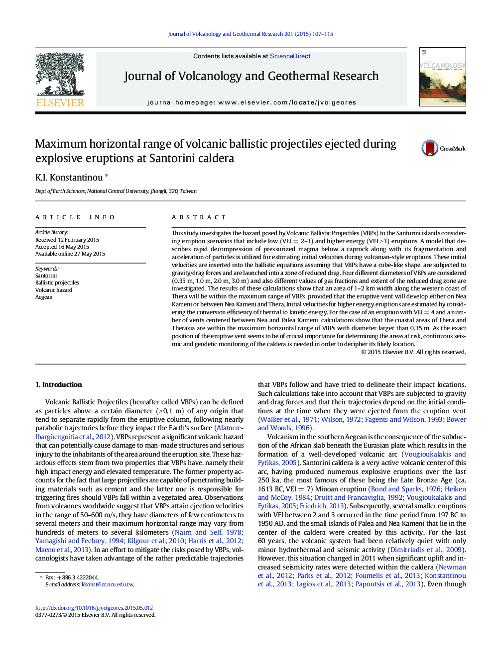 Maximum horizontal range of volcanic ballistic projectiles ejected during explosive eruptions at Santorini caldera