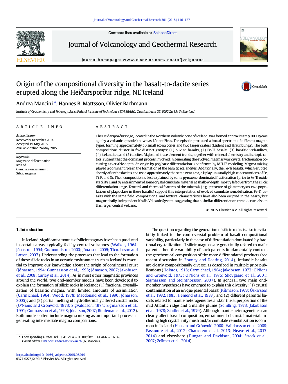 Origin of the compositional diversity in the basalt-to-dacite series erupted along the Heiðarsporður ridge, NE Iceland