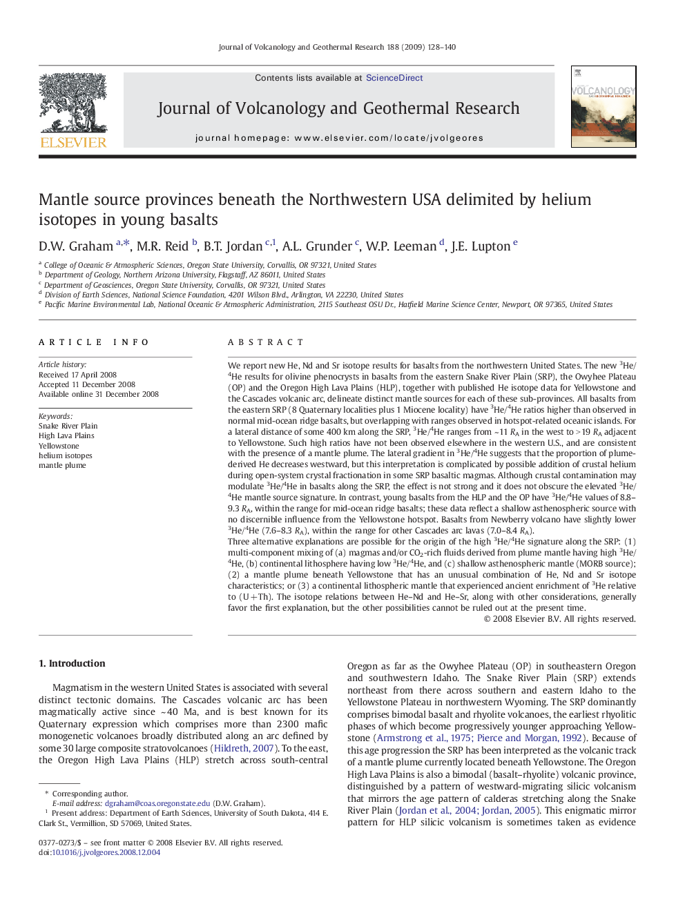 Mantle source provinces beneath the Northwestern USA delimited by helium isotopes in young basalts