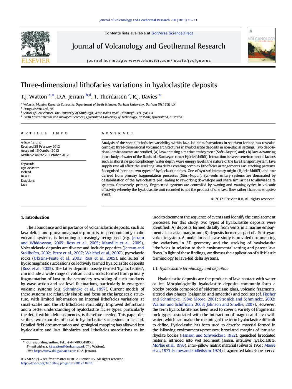 Three-dimensional lithofacies variations in hyaloclastite deposits