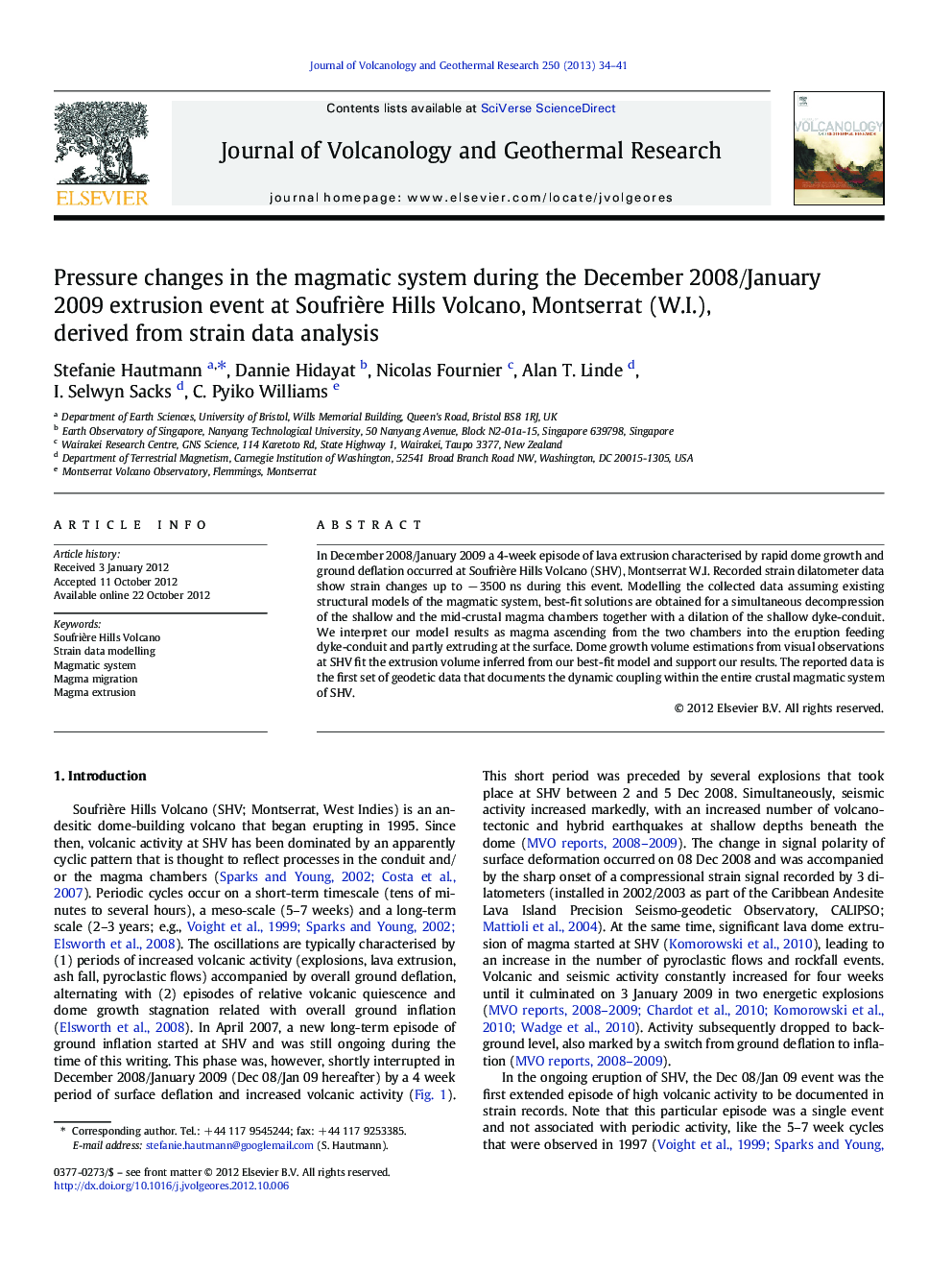 Pressure changes in the magmatic system during the December 2008/January 2009 extrusion event at Soufrière Hills Volcano, Montserrat (W.I.), derived from strain data analysis