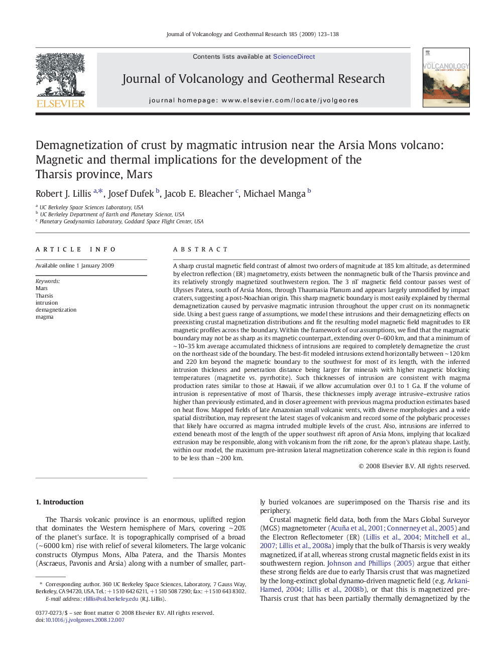 Demagnetization of crust by magmatic intrusion near the Arsia Mons volcano: Magnetic and thermal implications for the development of the Tharsis province, Mars