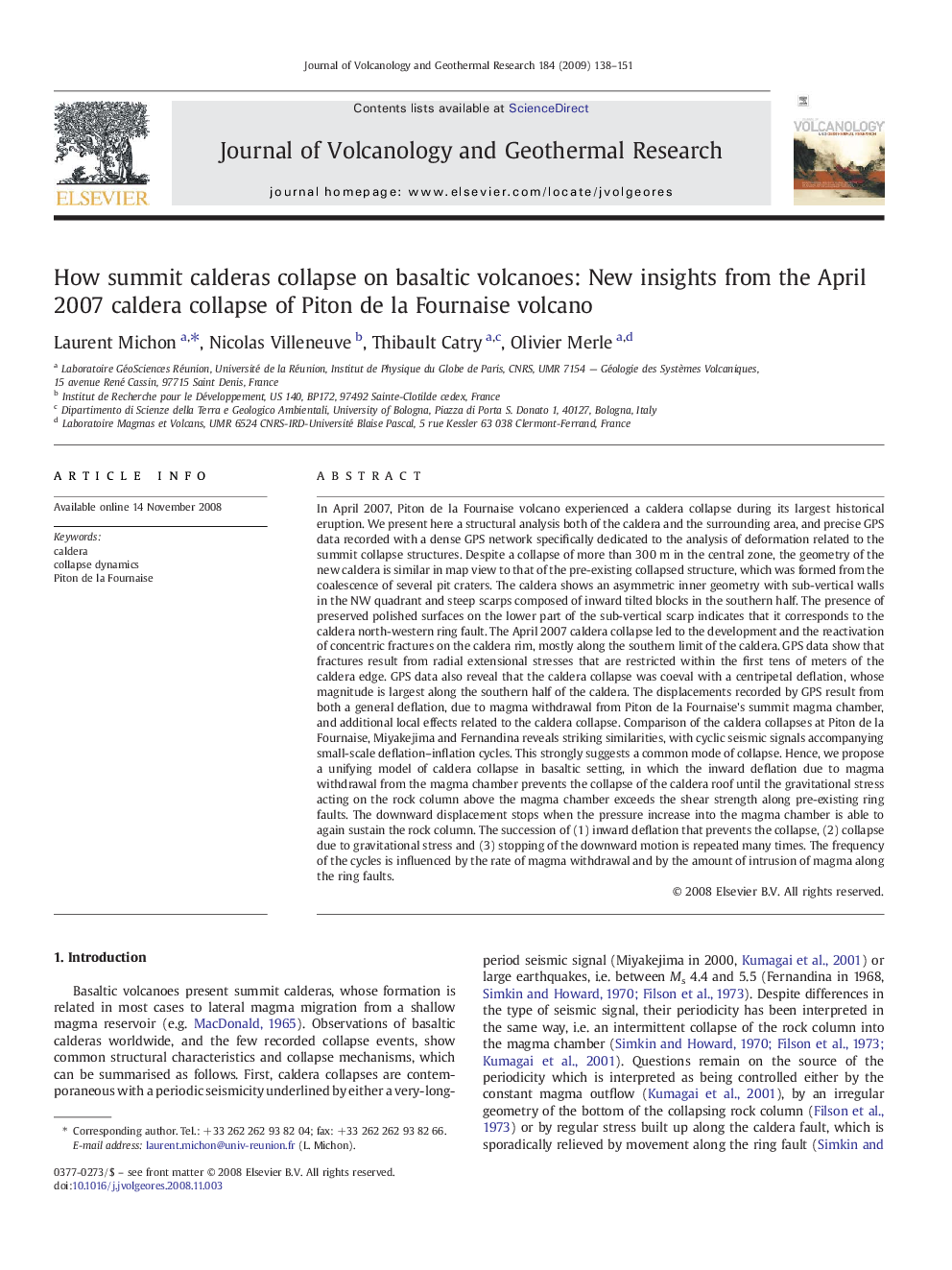 How summit calderas collapse on basaltic volcanoes: New insights from the April 2007 caldera collapse of Piton de la Fournaise volcano