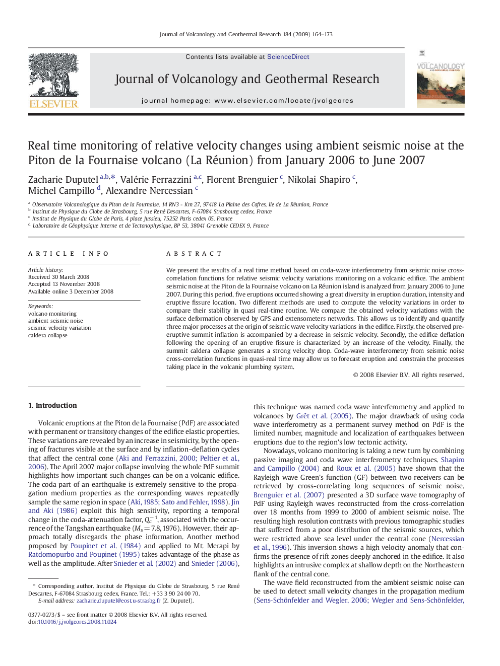 Real time monitoring of relative velocity changes using ambient seismic noise at the Piton de la Fournaise volcano (La Réunion) from January 2006 to June 2007