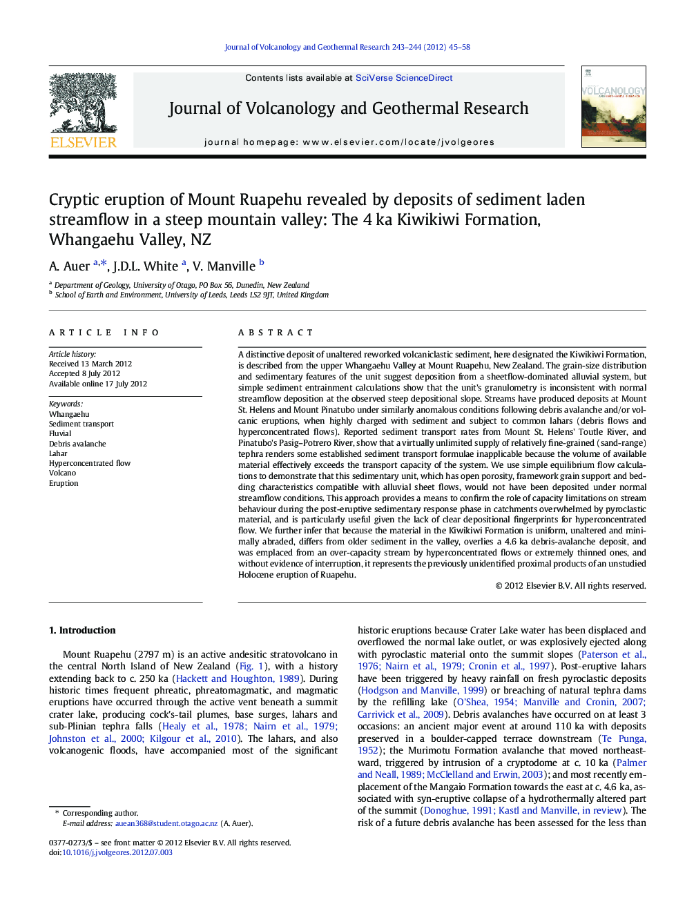 Cryptic eruption of Mount Ruapehu revealed by deposits of sediment laden streamflow in a steep mountain valley: The 4 ka Kiwikiwi Formation, Whangaehu Valley, NZ