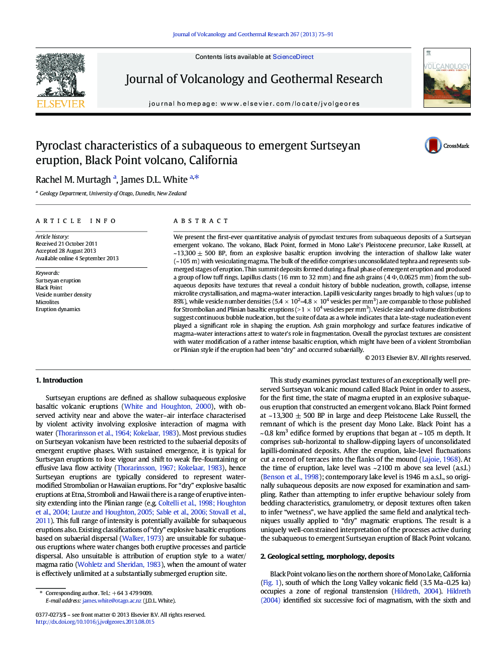 Pyroclast characteristics of a subaqueous to emergent Surtseyan eruption, Black Point volcano, California