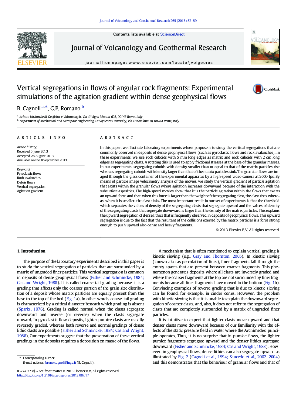 Vertical segregations in flows of angular rock fragments: Experimental simulations of the agitation gradient within dense geophysical flows