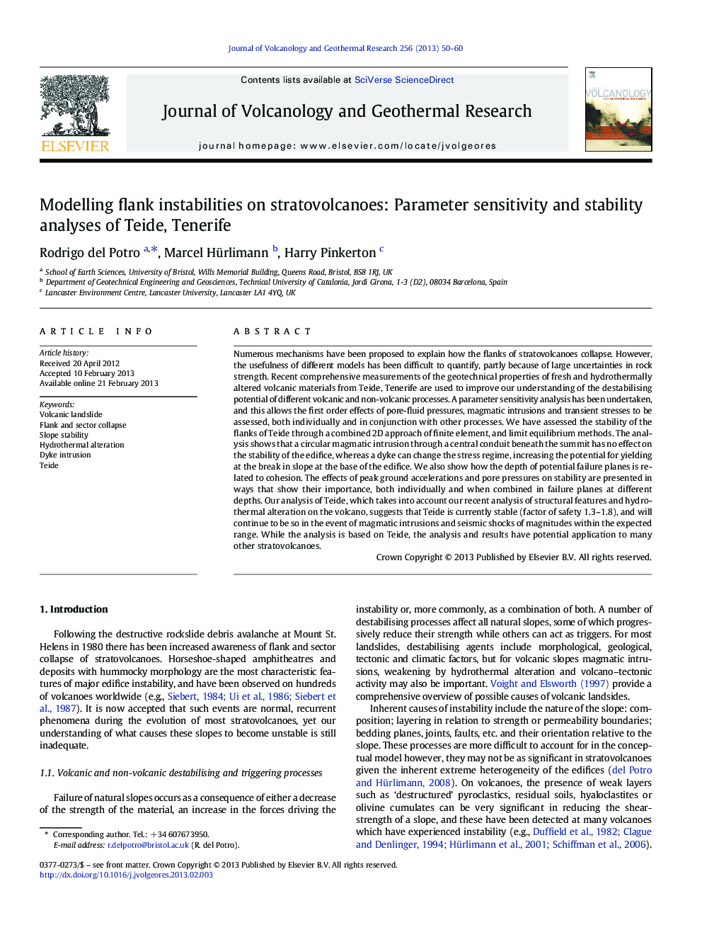 عکس صفحه اول مقاله: Modelling flank instabilities on stratovolcanoes: Parameter sensitivity and stability analyses of Teide, Tenerife Modelling flank instabilities on stratovolcanoes: Parameter sensitivity and stability analyses of Teide, Tenerife