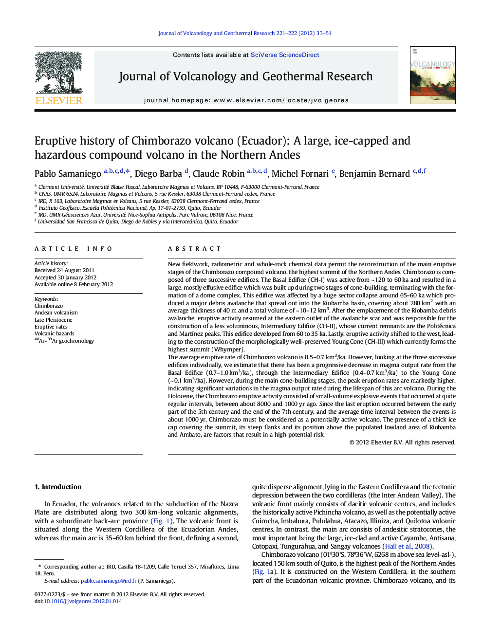 Eruptive history of Chimborazo volcano (Ecuador): A large, ice-capped and hazardous compound volcano in the Northern Andes