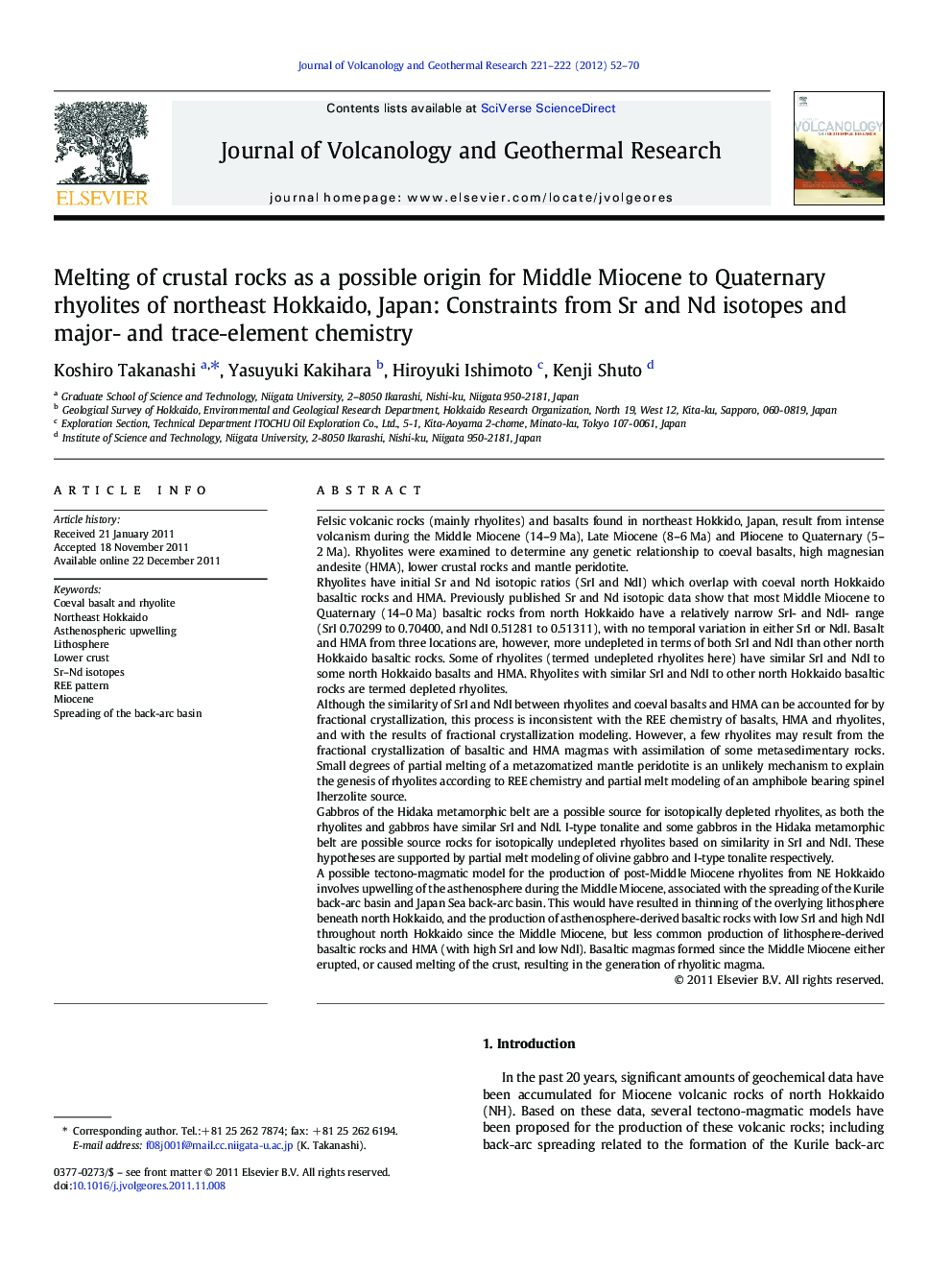 Melting of crustal rocks as a possible origin for Middle Miocene to Quaternary rhyolites of northeast Hokkaido, Japan: Constraints from Sr and Nd isotopes and major- and trace-element chemistry