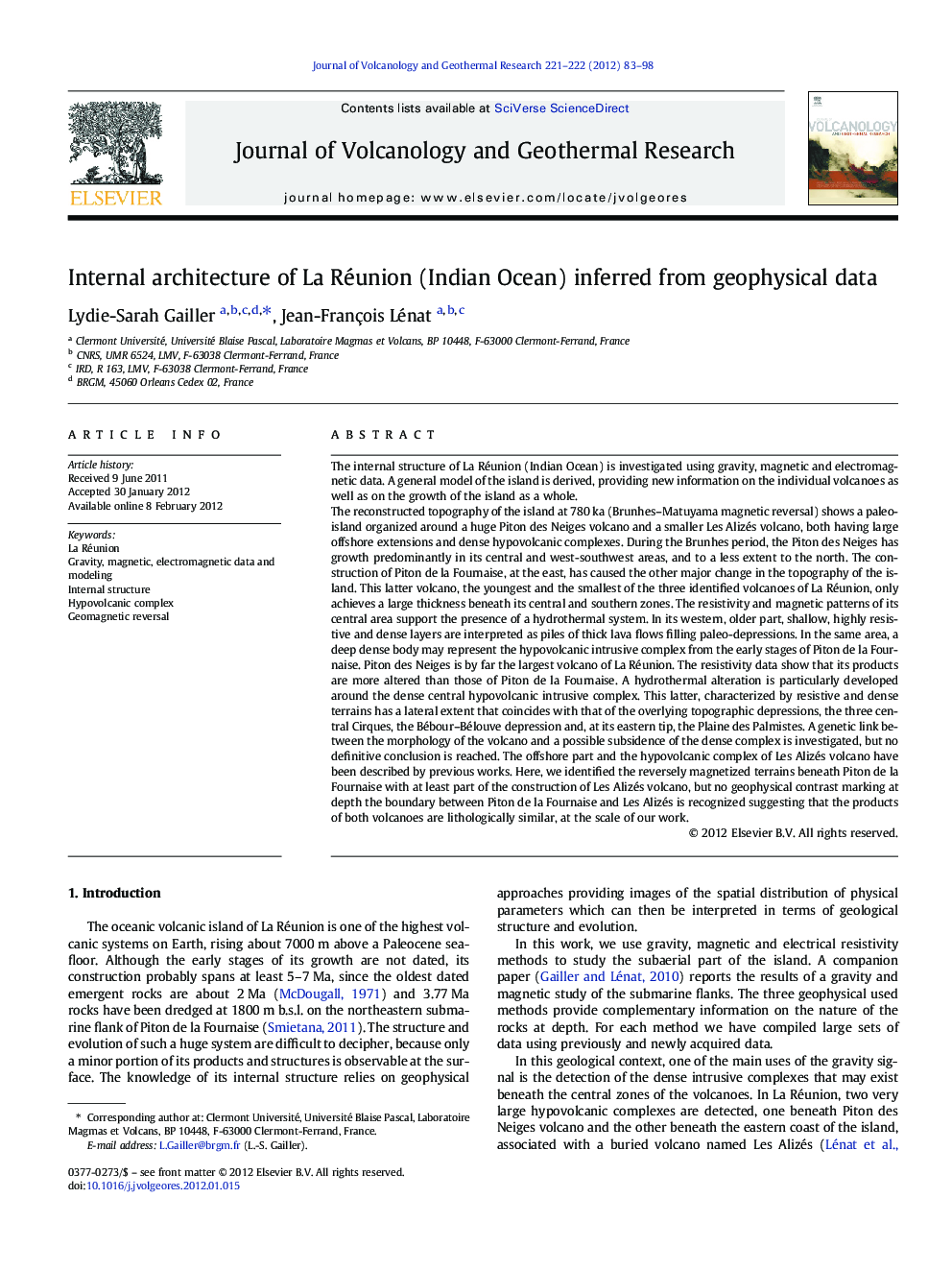عکس صفحه اول مقاله: Internal architecture of La Réunion (Indian Ocean) inferred from geophysical data Internal architecture of La Réunion (Indian Ocean) inferred from geophysical data