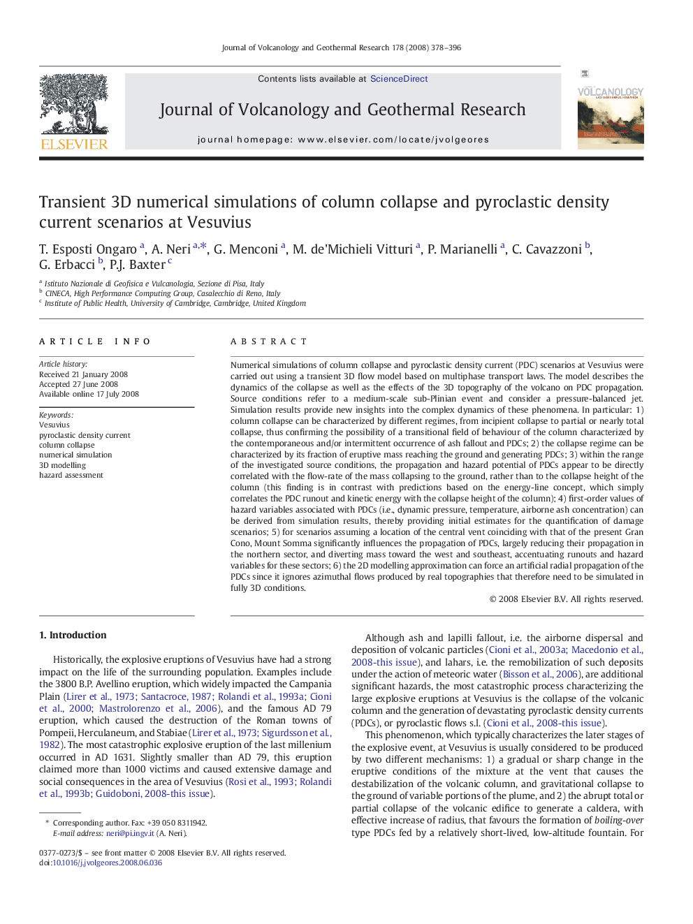 Transient 3D numerical simulations of column collapse and pyroclastic density current scenarios at Vesuvius