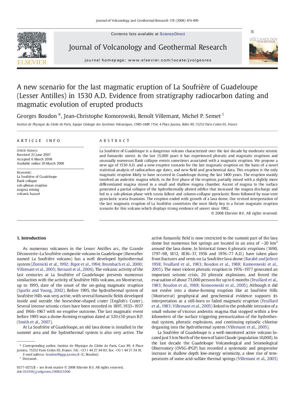 A new scenario for the last magmatic eruption of La Soufrière of Guadeloupe (Lesser Antilles) in 1530 A.D. Evidence from stratigraphy radiocarbon dating and magmatic evolution of erupted products