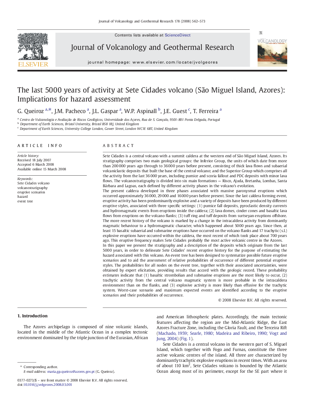 The last 5000 years of activity at Sete Cidades volcano (São Miguel Island, Azores): Implications for hazard assessment